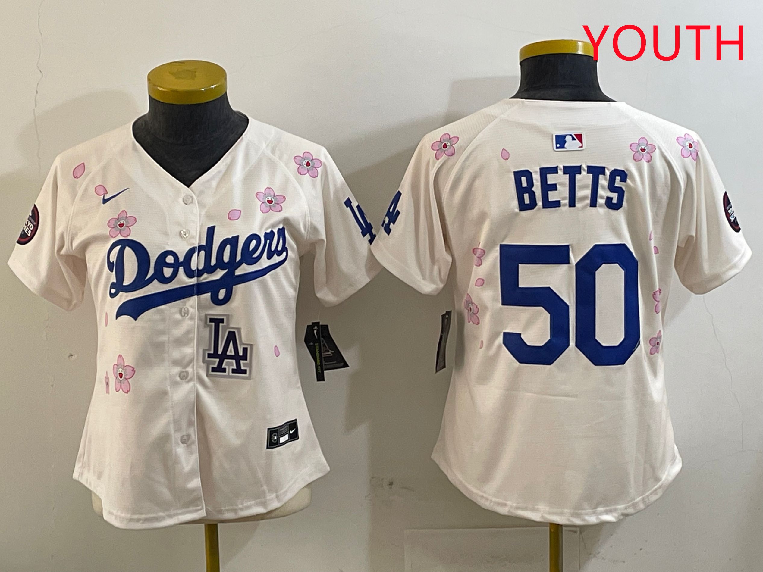 Youth Los Angeles Dodgers #50 Betts Cream Sakura Edition 2025 Nike MLB Jersey style 9->youth mlb jersey->Youth Jersey